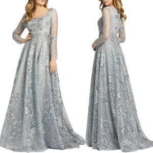 NWT Mac Duggal Jewel Encrusted Long Sleeve Square‎ Neck Gown DOVE GRAY 20